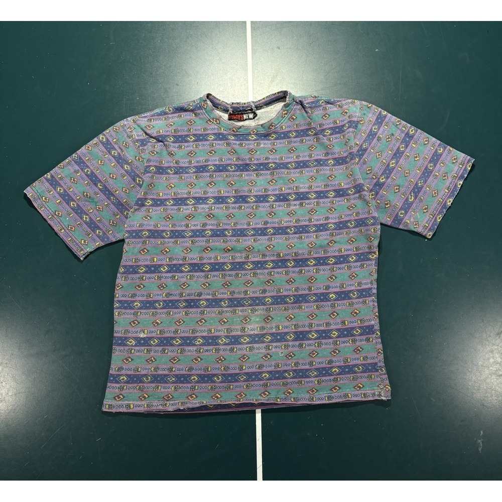 Vintage 90s Abstract AOP Surf T Shirt Boxy Large Geometric Aztec Striped Retro